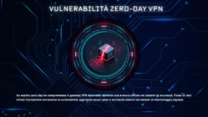 Rappresentazione concettuale di una vulnerabilità zero-day VPN aziendali con un lucchetto digitale compromesso