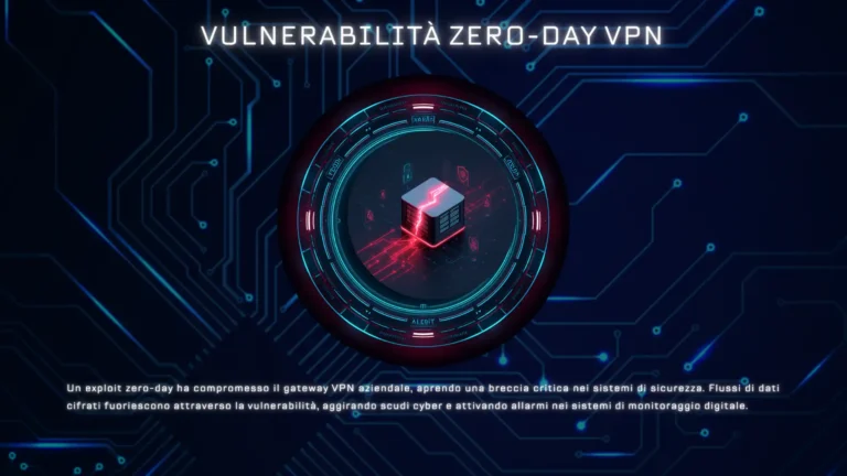 Rappresentazione concettuale di una vulnerabilità zero-day VPN aziendali con un lucchetto digitale compromesso