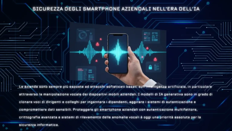 Rappresentazione concettuale di attacchi deepfake audio aziendali con forma d'onda vocale sintetica e dispositivo mobile