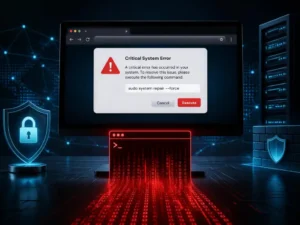 Schermata concettuale di attacchi ClickFix PowerShell aziendali con finta finestra di errore del browser