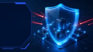 Un analista IT controlla la sicurezza delle reti aziendali da una consolle di comando.