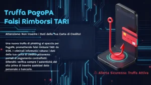 Schermata di uno smartphone colpito da truffa rimborso TARI PagoPA con richiesta dati carta