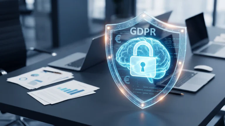 Schermata concettuale sull'uso dell'IA generativa e privacy aziendale con scudo protettivo GDPR