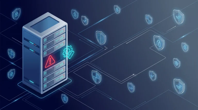 Grafica B2B sulla sicurezza informatica aziendale con server protetto e rete digitale su sfondo blu notte.