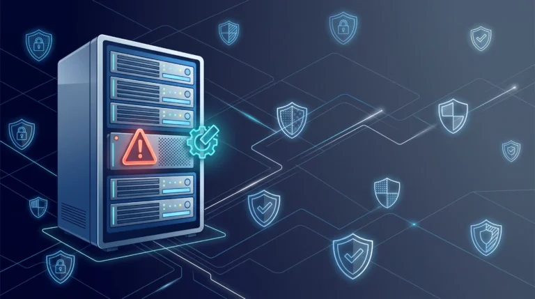 Grafica B2B sulla sicurezza informatica aziendale con un server protetto, badge di allerta patch e molteplici scudi digitali su sfondo blu notte.